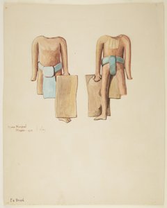 右足と右手の半分を失った頭のない人物の正面と背面（水彩画