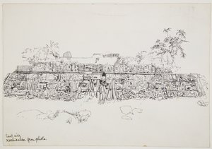 羽根つき蛇の神殿」の彩色レリーフを描く メキシコ・ソチカルコ 下段テラスの東側から（水彩・ボディカラー 作： Adela Breton