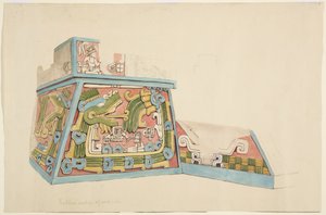 メキシコ・ソチカルコの石製レリーフの絵 下段テラスの西側の北端 水彩画（水彩画 作： Adela Breton