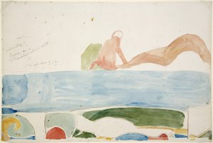 メキシコ、チチェン・イッツァ、ジャガーの上の神殿の内室、内扉の上に描かれた壁画（人間の生け贄を抽象的に描いたもの）の一部（水彩）。 作： Adela Breton