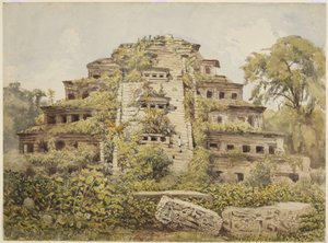 メキシコ、パパントラ州エル・タジンの廃墟の神殿（ニッチのピラミッド）の絵（水彩画