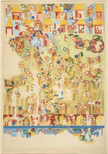 メキシコ・チチェン・イッツァ「ジャガーの上の神殿」の南壁に描かれた壁画の1/4スケールコピー（水彩画