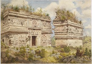 メキシコ、ユカタン州、チチェン・イッツァの遺跡 A棟の東側ファサードとイグレシアを描いたもの（水彩画