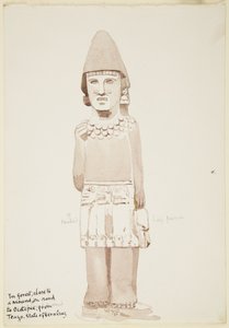 メキシコ・ベラクルス州北部、テアヨの像 キルトを着た男性像の石像を示す（水彩画