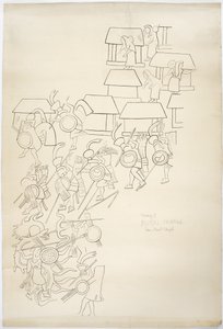 メキシコ、チチェン・イッツァ、ジャガーの上部神殿、西壁に描かれた壁画のトレーストレースに墨を入れたもの（黒インク＆グラファイト 作： Adela Breton
