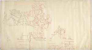 メキシコ、チチェン・イッツァのカサ・デ・モンハスの壁画をトレースし、黒と赤のインクでインクオーバーしたもの（赤＆黒インク＆グラファイト）。 作： Adela Breton
