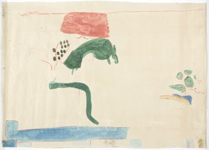 メキシコ、チチェン・イッツァの壁画のトレース 東壁、内側の中室、ジャガーの上の神殿、大球場の中庭より

 (水彩、ボディカラー、グラファイトで描かれています。)