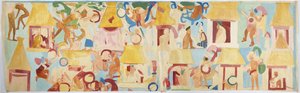 メキシコ、チチェン・イッツァのジャガーの上の神殿、大球技場の内室、南壁に描かれた壁画のトレース（水彩・ボディカラー 作： Adela Breton