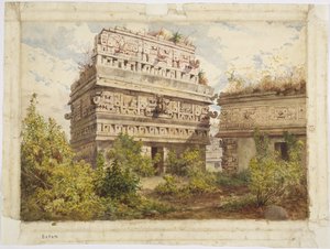 メキシコ・ユカタン州チチェン・イッツァのウインズ イグレシアの西ファサードを描く（水彩画