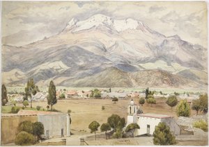 手前に村、奥に山（水彩画 作： Adela Breton