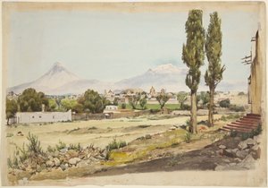 メキシコ・プエブラ州のポポカテペトル火山とイスタチワトル火山（水彩画
