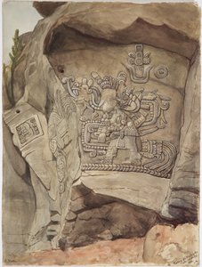 Wメキシコ、イダルゴ州トゥーラ、ピエドラ・デ・マリンチェの石のレリーフ（水彩画 作： Adela Breton