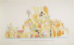 メキシコ、チチェン・イッツァのA神殿、内室南端の屋根下部の壁画（水彩画 作： Adela Breton