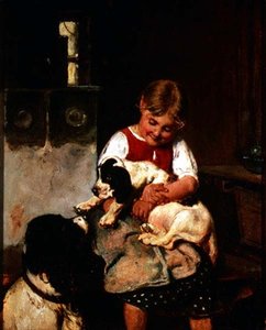 子犬を持つ若い女の子 作： Adolf Eberle