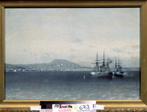 1877 年から 1878 年の露土戦争: 「1878 年にトルコ艦隊によって砲撃されたクリミアのテオドシヤ (またはフェオドシヤ) の都市」 (トルコ艦隊は 1878 年にフェオドシヤの町を爆撃した) (1826-1885) 1878 州トレチャコフ G 作： Adolf Fessler