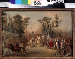 16世紀のツァーリの狩猟。 アドルフ シャルルマーニュ (1826-1901) の作品。 ボール紙に油彩 作： Adolf Jossifowitsch Charlemagne