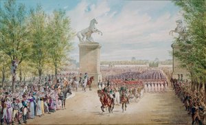 皇帝アレクサンドル1世（1777-1825）は、1814年にパリで軍隊とともにシャンゼリゼ通りを登っている。アドルフ・シャルルマーニュ（1827-1901）の絵 作： Adolf Jossifowitsch Charlemagne