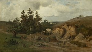 木の橋のある風景 - 木の橋のある風景 - アドルフ・コサレク (1830-1859)。 キャンバスに油彩 作： Adolf Kosárek