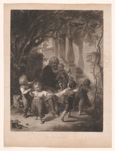 老人の周りで輪になって踊る子供たち おじいちゃんといっしょ（オブジェのタイトル） 作： Adolf Wagenmann