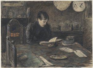 テーブルで読書する女性 作： Adolf le Comte