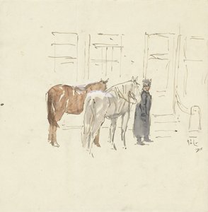 建物の前で 2 頭の馬を持つ男