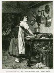麺の準備。エドゥアール・シャルトン（1807-1890）が監督した『tour du monde 1888』の中で、ドイツ人デピューター、シャルル・グラッドが1887年に行った「A Through Alsace and Lorraine（アルザスとロレーヌを通って）」という物語を説明するために、ヒルディブランドが描いたもの。 作： Adolf von Hildebrand