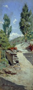 アドルフォ・ベリンバウ（1845-1938）作「丘の中の道」、パネルに油彩、23x9 cm 作： Adolfo Belimbau
