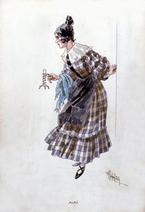 ジャコモ・プッチーニ（1858-1924）のオペラ「ラ・ボエーム」のミミ役の衣装。Adolfo Hohensteinによる水彩画。