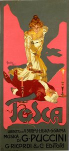ジャコモ・プッチーニ(1858-1924)のオペラ「ラ・トスカ」のリバティ様式のポスター 1906年 Dim.30x13.5 cm イラスト：Adolfo Hohenstein (1854-1928) ミラノ 個人蔵