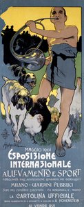 アドルフ・ホーヘンシュタインが描いたミラノでの国際展示会「畜産とスポーツ」のポスター 作： Adolfo Hohenstein