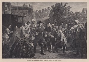 旅をするプロイセン王フリードリッヒ大王（エングレービング 作： Adolph Friedrich Erdmann von (after) Menzel