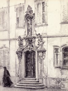 1884年にバロック様式の門で飾られた建物の階段を下る男 作： Adolph Menzel