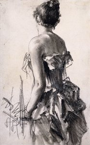 女性の後姿。女性の背面図、1888 作： Adolph Menzel