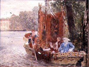 ラインスブルクでの川の旅、1860（石油） 作： Adolph Menzel