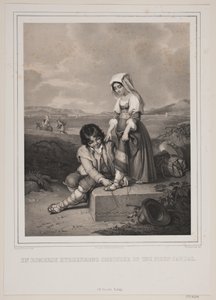 ローマン シェパードの男の子が少女のサンダルを縛っています。 作： Johan Adolph Kittendorff