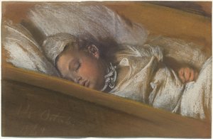 ベビーベッドで眠る幼児 作： Adolph Menzel