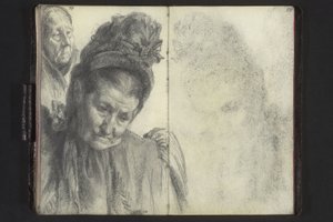 帽子をかぶった老女の胸像、頭巾をつけた女性の頭部 作： アドルフ・メンゼル