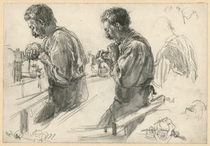 工作台で木工旋盤を操作する職人、2点の習作と細部 作： Adolph Menzel