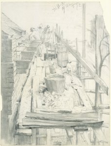 足場で作業する石工 作： Adolph Menzel