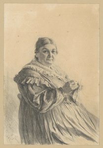 ニットの靴下を履いた、座っている年配の女性 作： Adolph Menzel