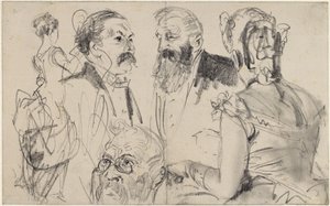 上流社交界の男性の頭部3点と後ろ向きの女性像2点を描いた素描帳 作： アドルフ・メンゼル