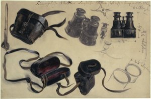 フォン・モルトケ元帥の双眼鏡を基にした研究、ケースおよび詳細、メモ付き 作： Adolph Menzel