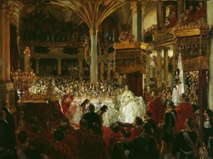 1861年、1861年のケーニヒスベルク城でプロイセンの王としてのウィリアム1世の戴冠式。 作： Adolph Menzel
