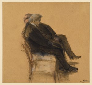 黒いスーツを着た二人の男性が隣り合って座っている 作： Adolph Menzel