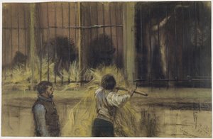 肉食動物館の前に立つ2人の飼育員 作： Adolph Menzel