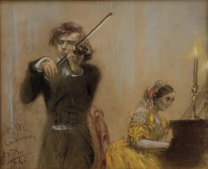 クララシューマンとジョセフヨアヒムが音楽を演奏 作： Adolph Menzel