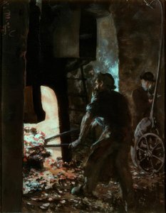 スチームハンマーの労働者との自画像 作： Adolph Menzel