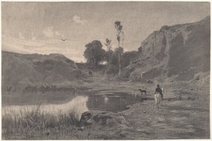 日没時の山の池のライダー 作： Adolphe Appian