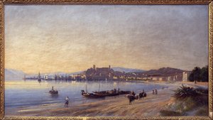 カンヌの海岸からのパノラマ。 Adolphe Fioupou（1824-1899）による絵画、キャンバスに油彩 作： Adolphe Fioupou