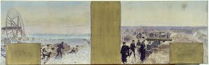 パリ市庁舎長のキャビネットのためのスケッチ：海兵隊の遠征塹壕上空の気球 作： Adolphe Gustave Binet